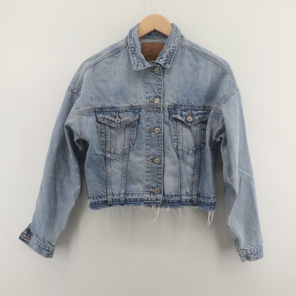 American‎ Eagle Denim Jacket Womens XS Cropped Y2K Raw Hem Good